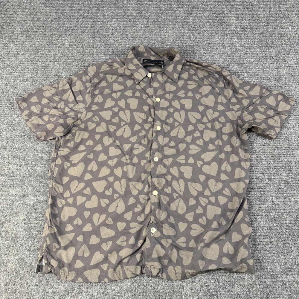 AllSaints Shirt Mens Medium Gray Heart Print Short Sleeve Button Up Casual